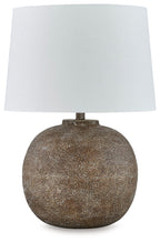 Antique brown metal table lamp with speckled globe base and white fabric shade