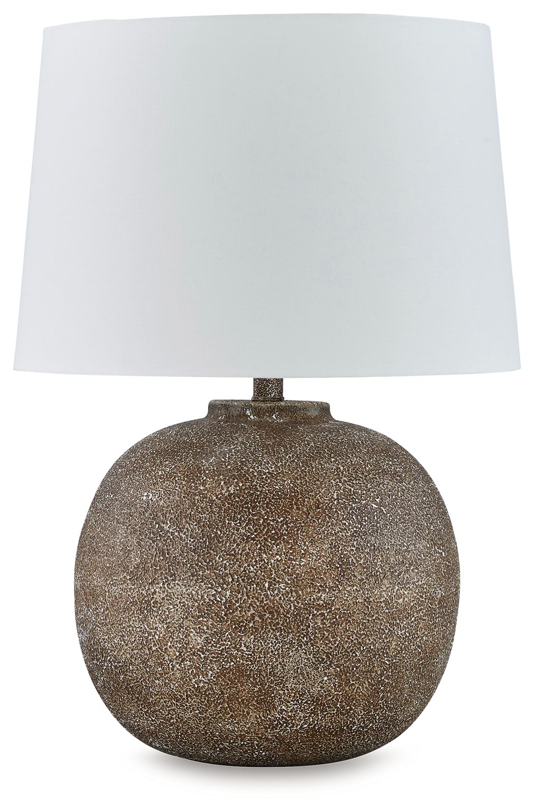 Antique brown metal table lamp with speckled globe base and white fabric shade