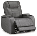 Slate gray power recliner with adjustable headrest, padded armrests, and extended footrest