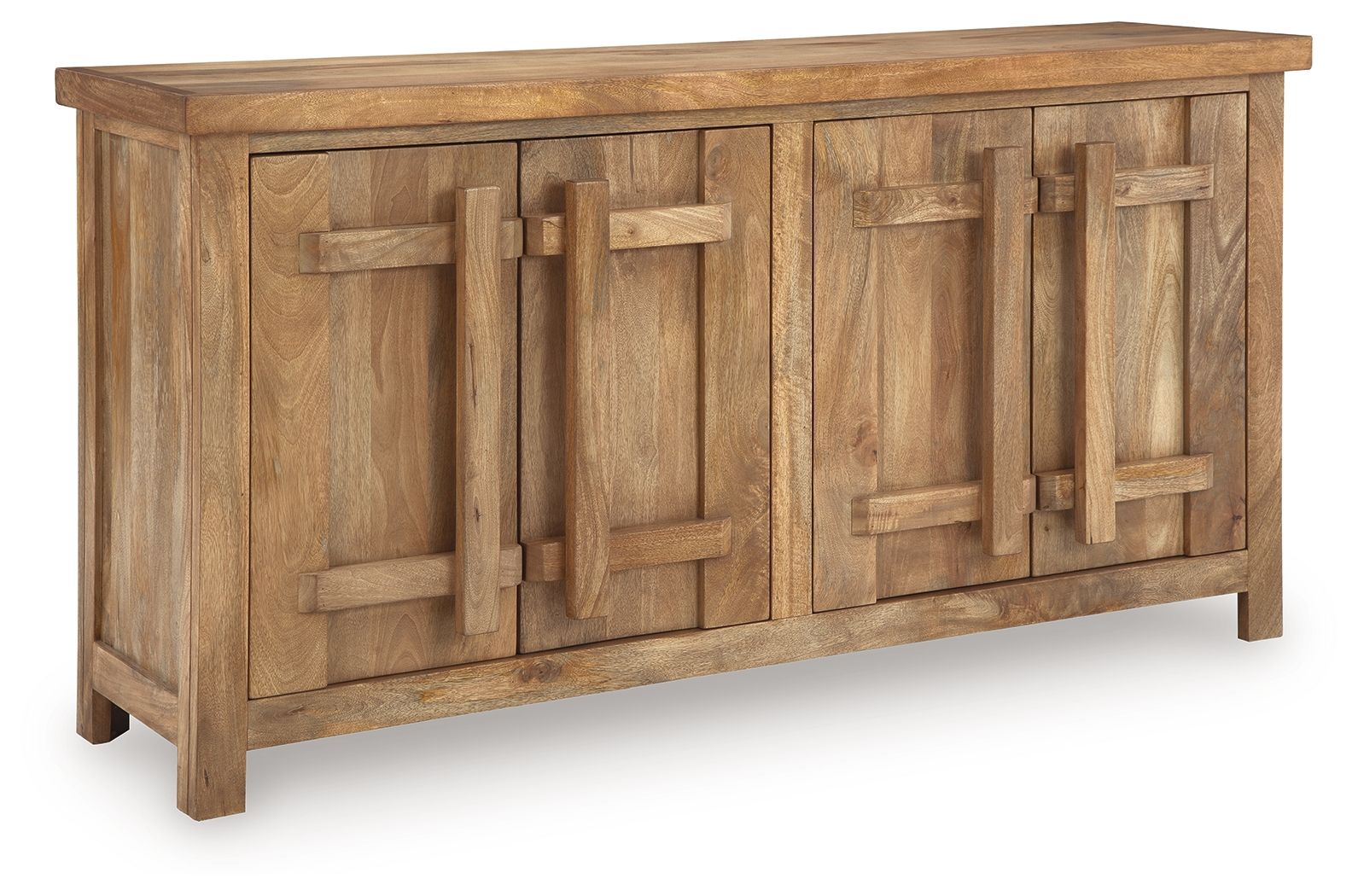 Dresor natural accent cabinet with geometric door inlays and angled legs