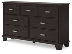 Dark brown dresser with three top drawers, three bottom drawers, silver bar pulls
