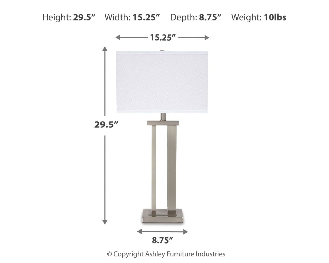 Metal table lamp size diagram with white shade and pearl silver base