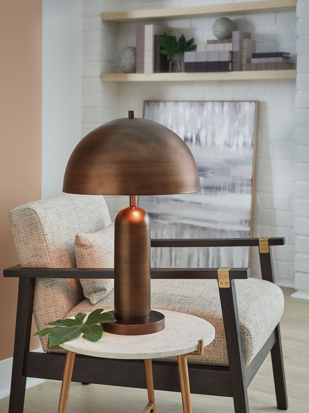 Metal table lamp with dome bronze shade and cylindrical bronze base