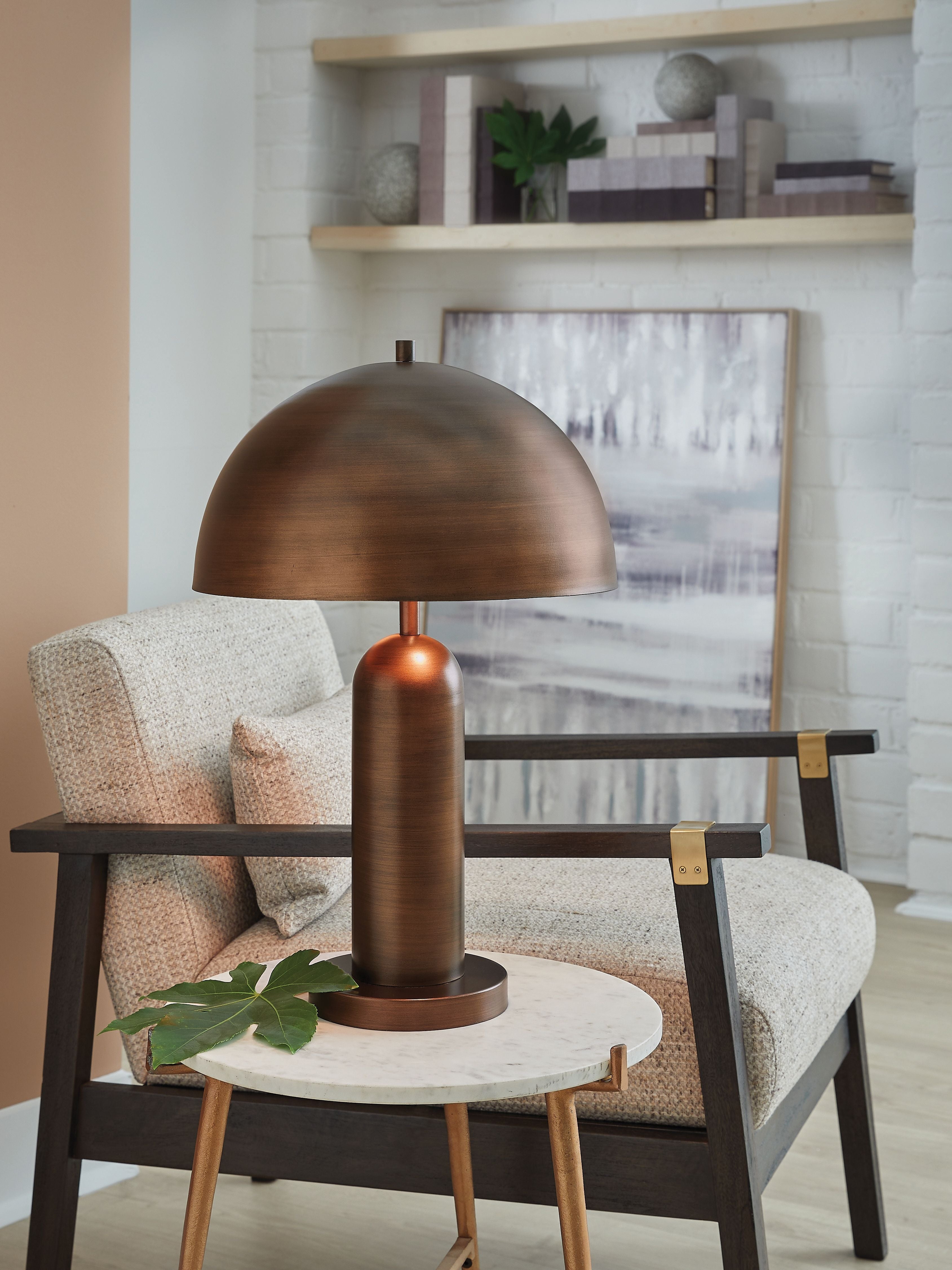 Metal table lamp with dome bronze shade and cylindrical bronze base