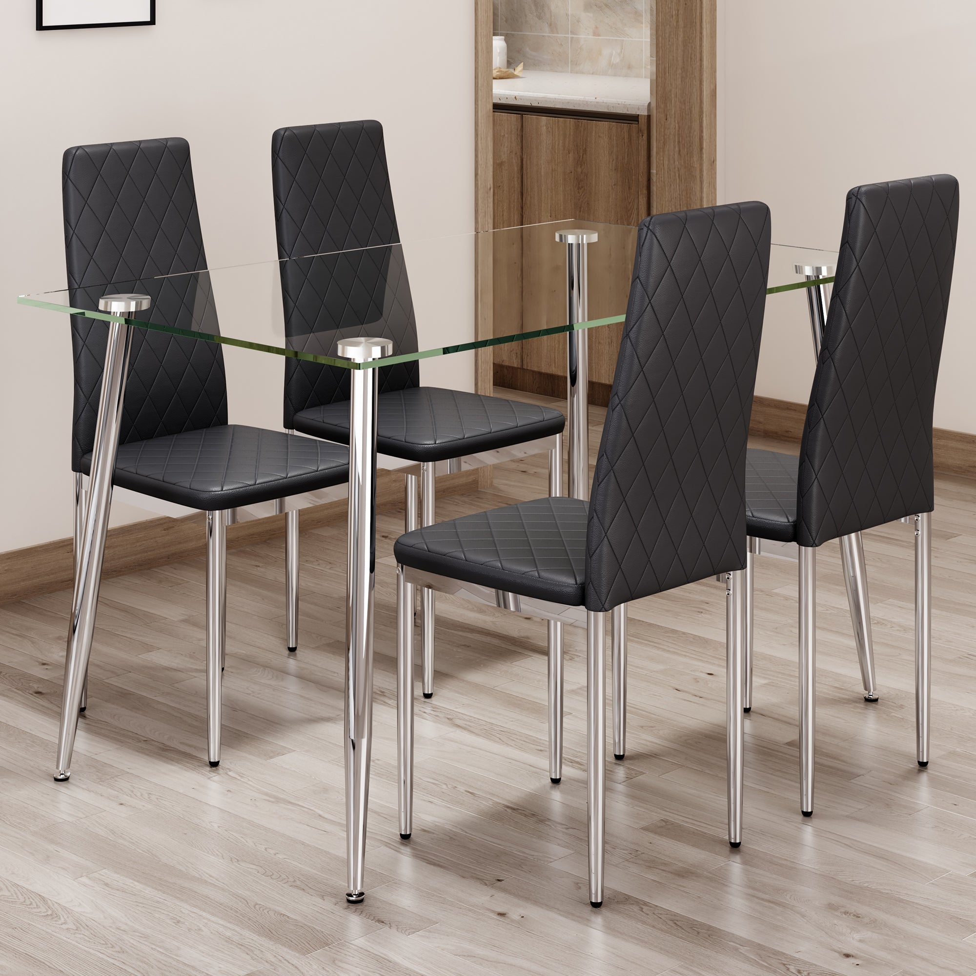 Glass Dining Table & 4 Black Chairs Set