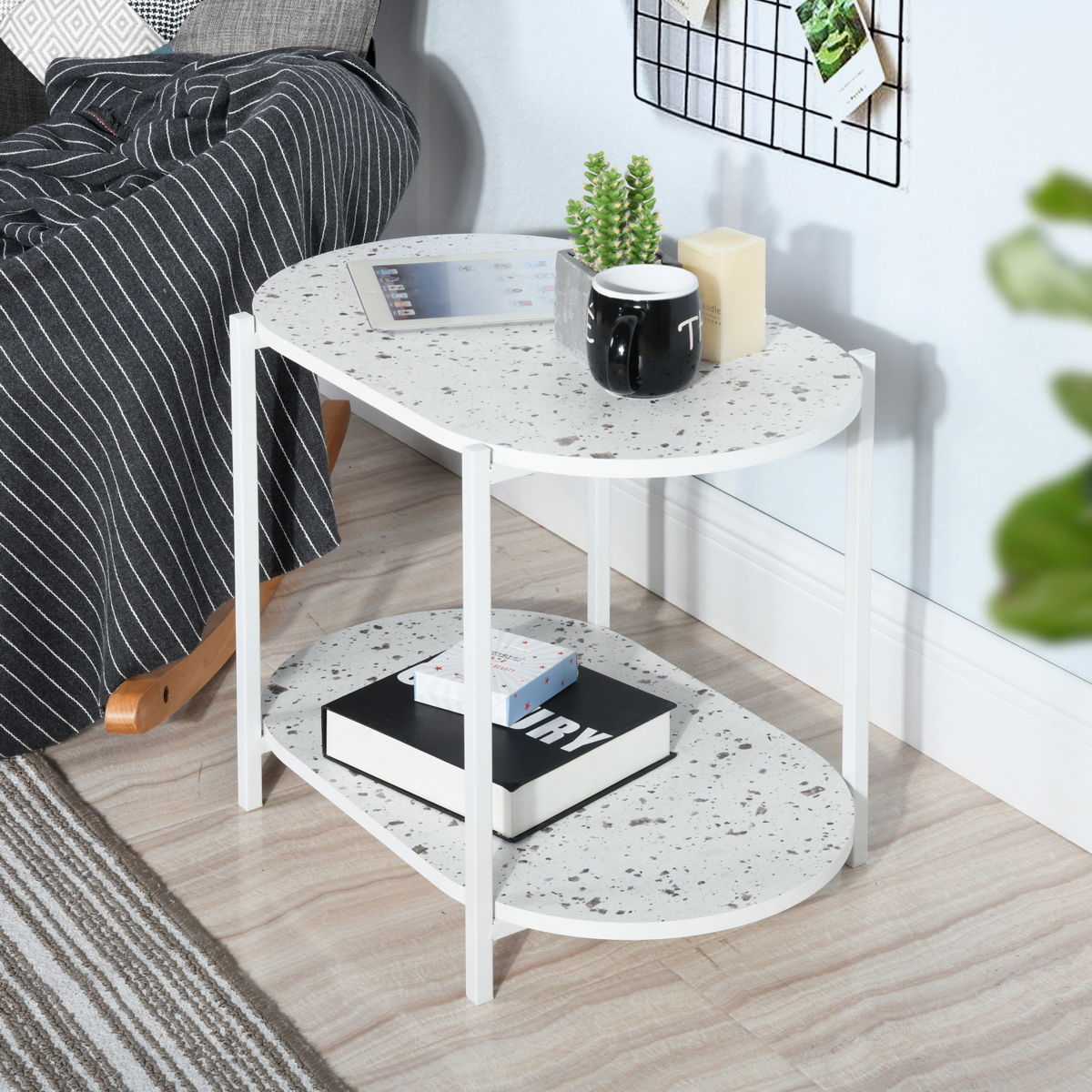 End Table 24" 2-Tiers Oval Nightstand, Modern Marble Small Table Coffee Tea Sofa Table For Living Room Indoor Balcony