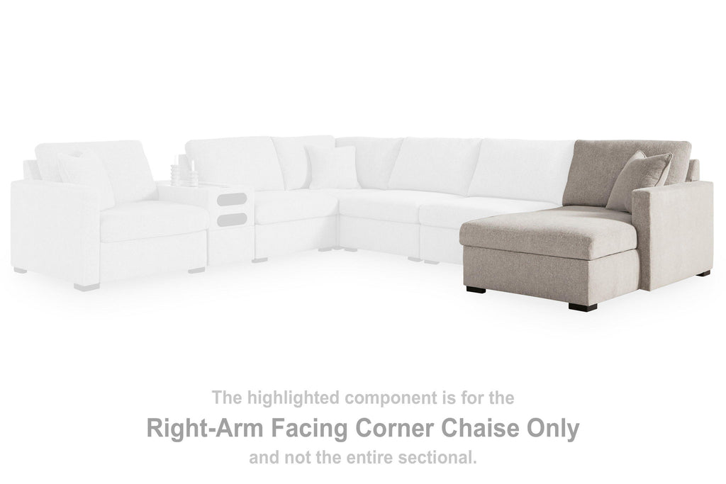 Highlighted light gray right-arm facing corner chaise component with squared armrests