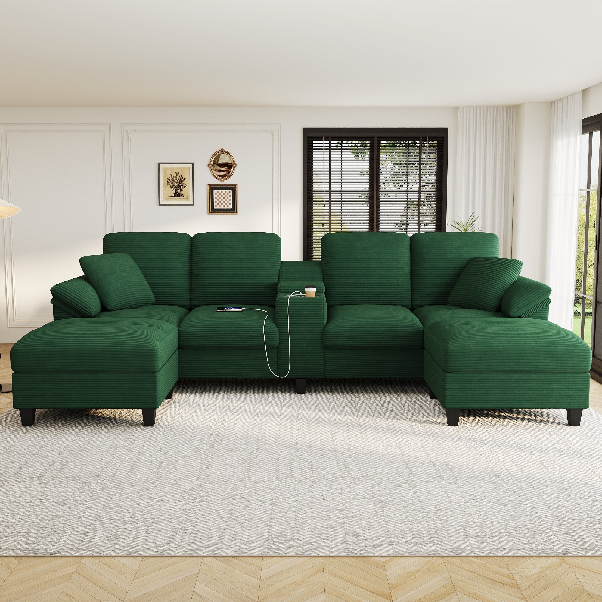 Green corduroy U-shaped sectional with double chaise and storage ottomans
