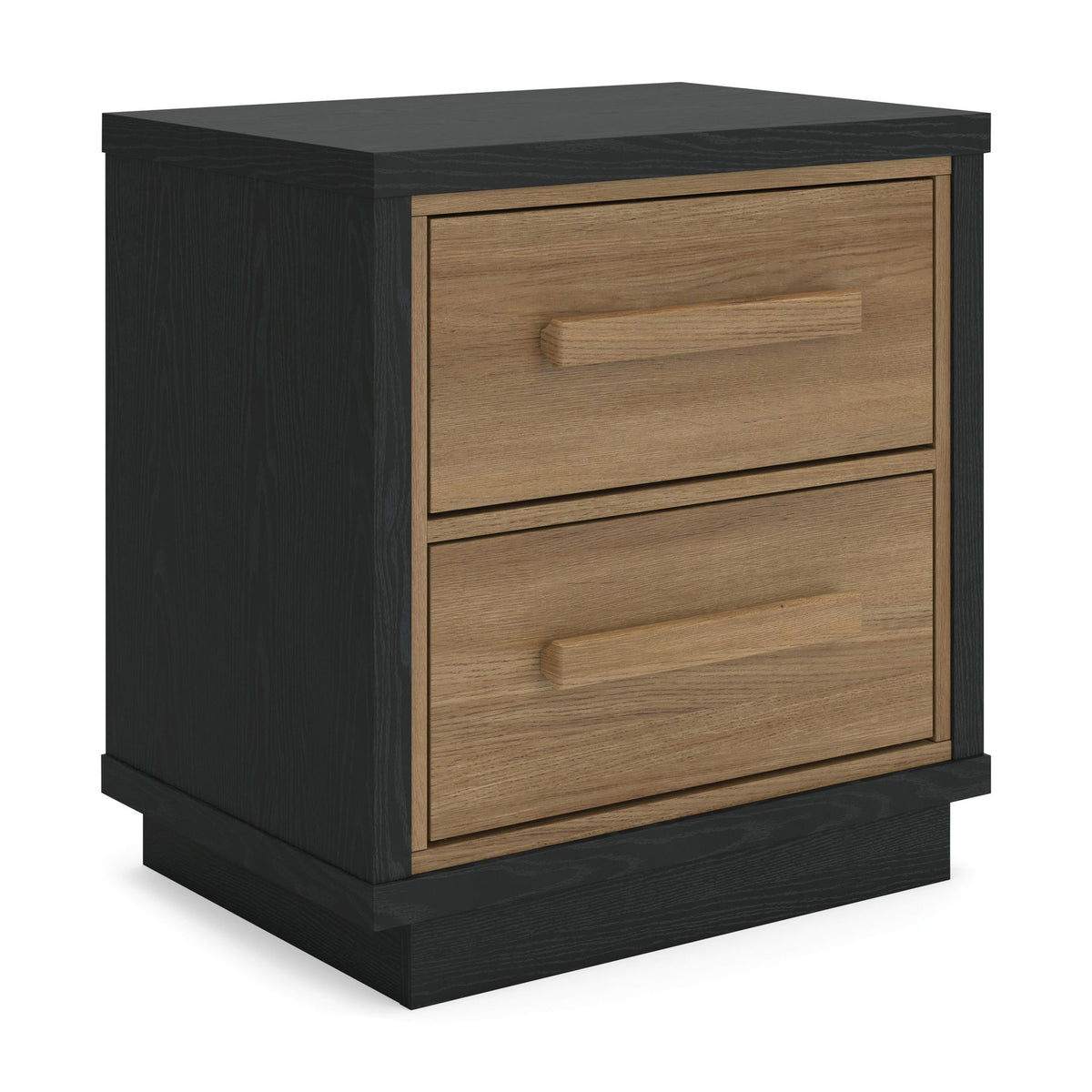Two-drawer nightstand with black frame and light wood drawers, each with bar pull