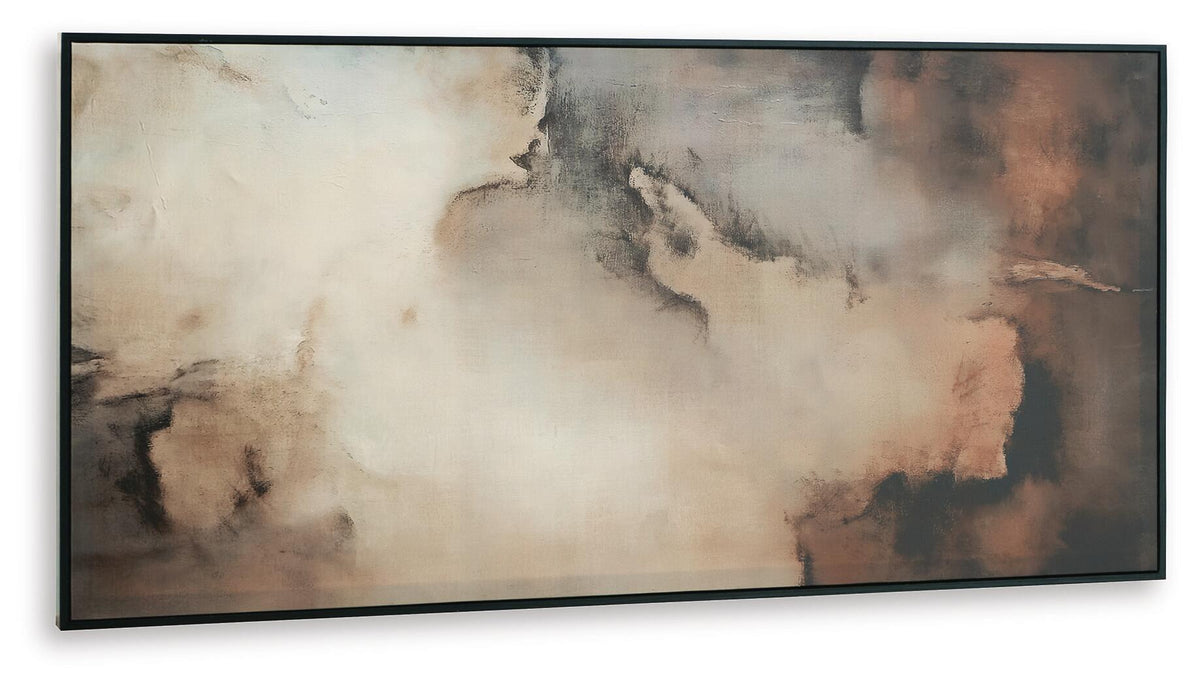 Wide rectangle framed abstract wall art with brown, black, and gray smoky texture