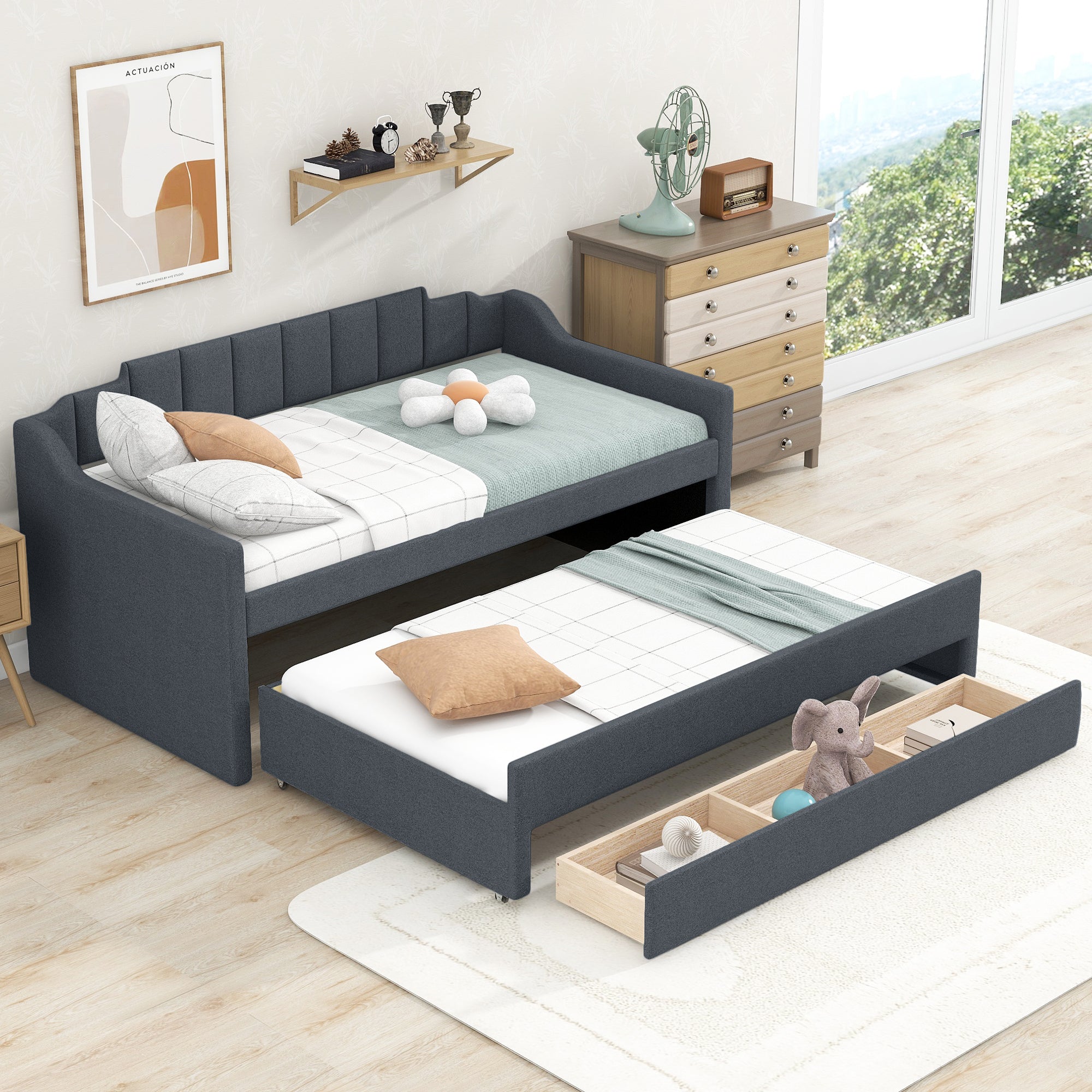 Twin Upholstered Daybed with Trundle & 3 Drawers, Grey