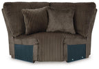 Chocolate brown ribbed fabric wedge sofa section with arms and back cushion