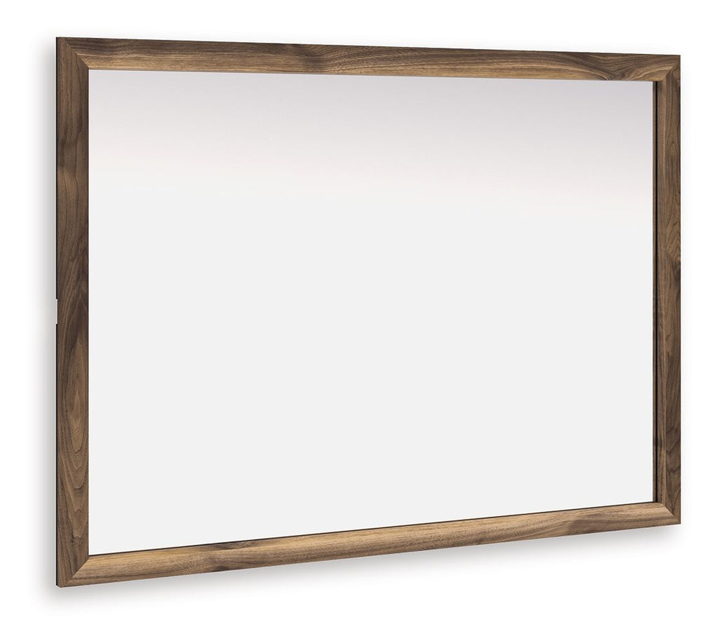 Brown wood framed rectangular bedroom mirror with clear glass panel