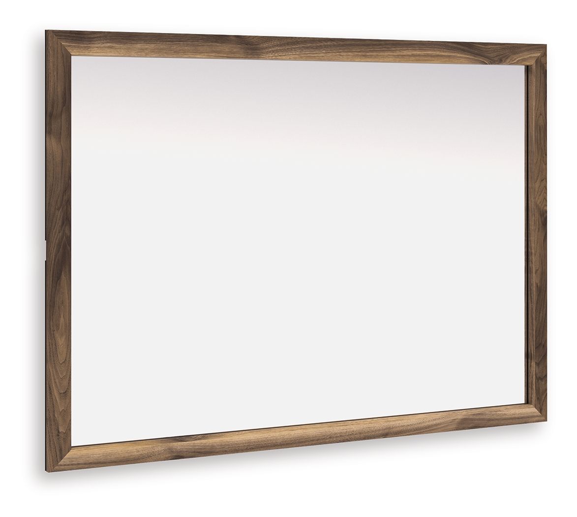 Brown wood framed rectangular bedroom mirror with clear glass panel