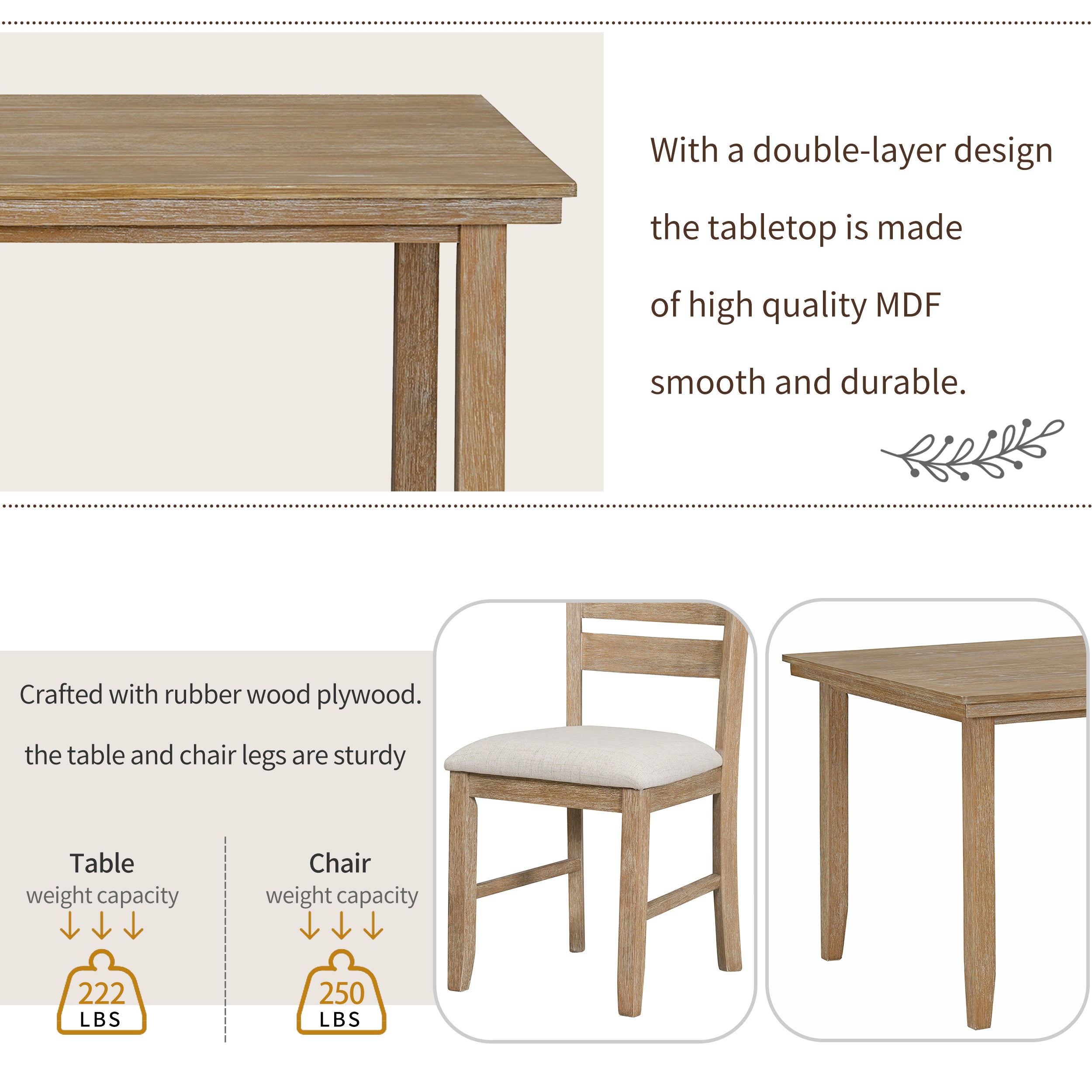 6-Piece Rustic Dining Set w/ Bench - Natural Wood
