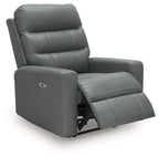 Power recliner with adjustable headrest in dark gray, lift-up footrest and side controls