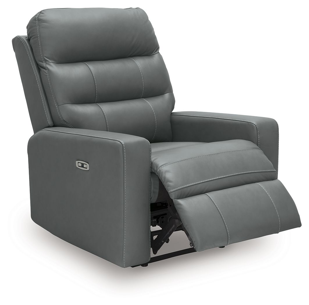 Power recliner with adjustable headrest in dark gray, lift-up footrest and side controls