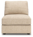 Armless upholstered chair in sand fabric with thick seat and tall back cushion