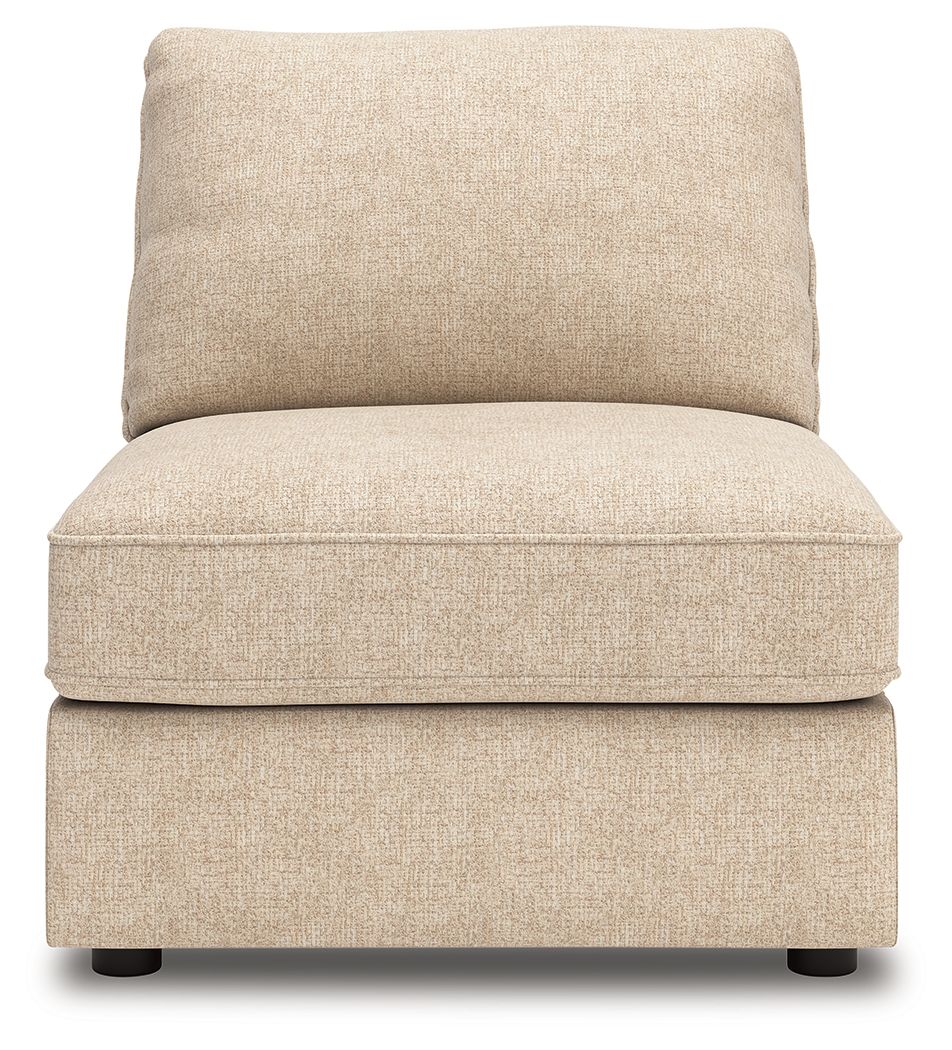 Armless upholstered chair in sand fabric with thick seat and tall back cushion