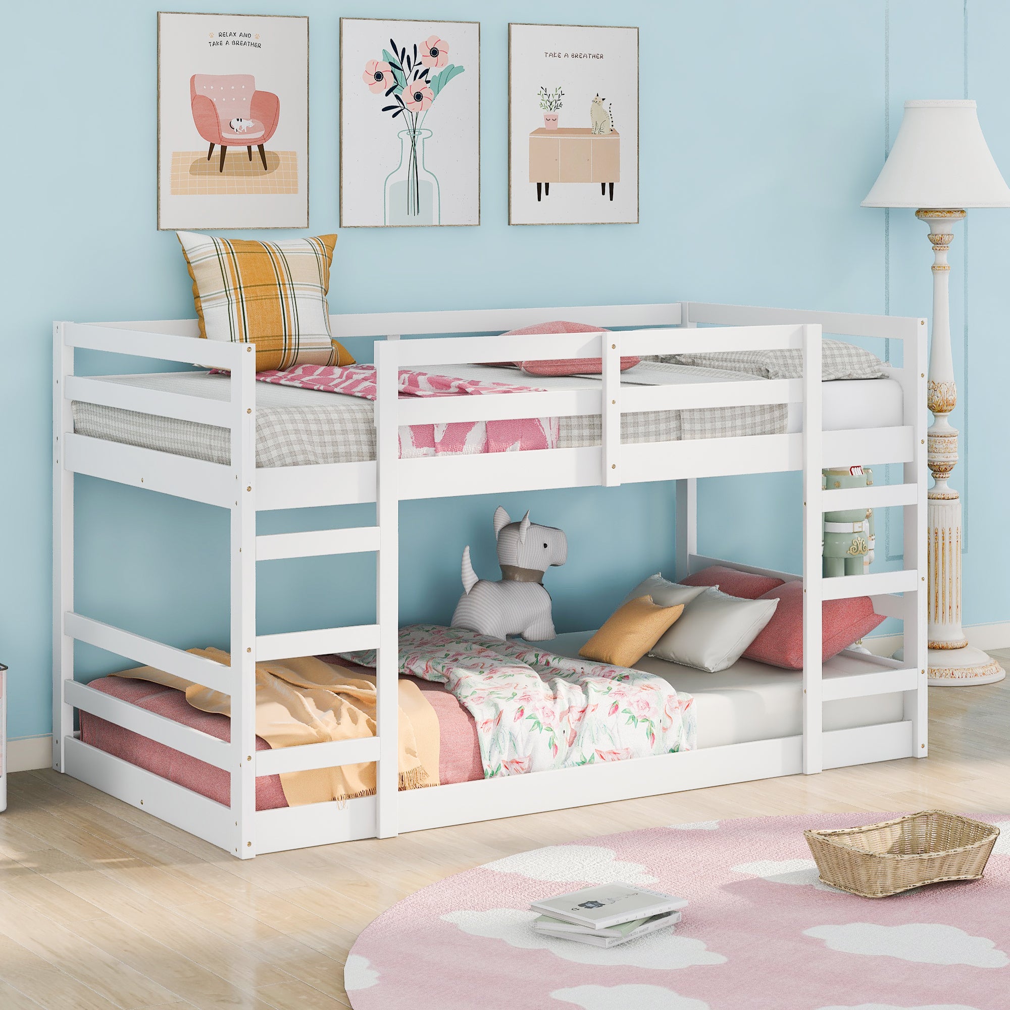 White Twin Over Twin Bunk Bed with Ladder - Space Saving Kids Room