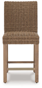 Woven bar stool with tall backrest, solid wood frame, and side footrest view
