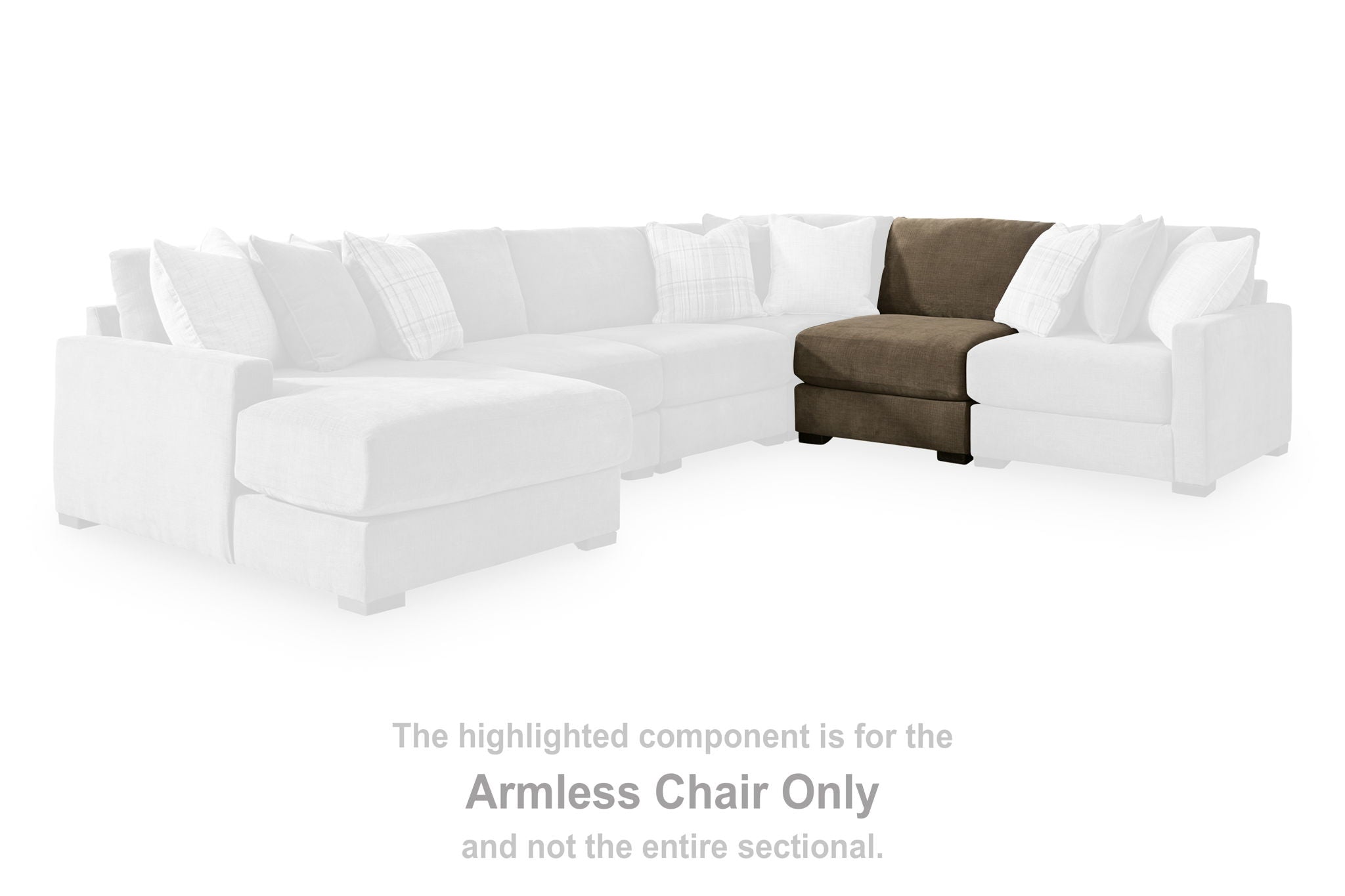 Armless chair module within a white sectional, coffee-brown seat and back