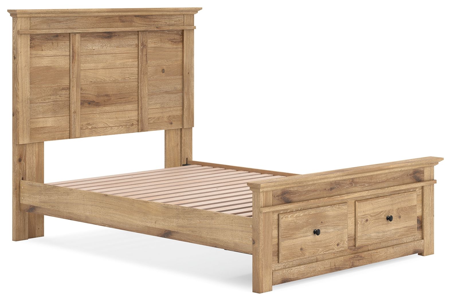 Light brown panel storage bed with slatted base and side drawer fronts