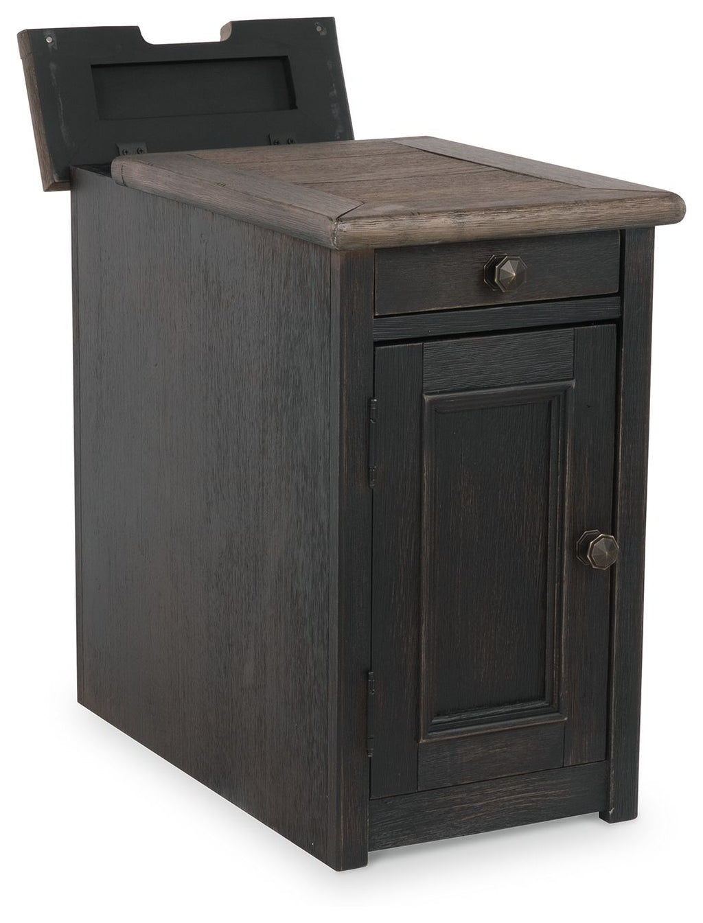 Dark gray chair side end table with single drawer, door, and round metal pulls