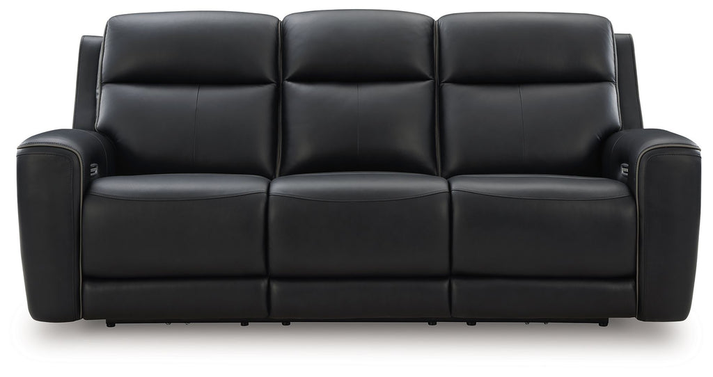 Power reclining sofa with adjustable headrests, black upholstery, tufted seat cushions