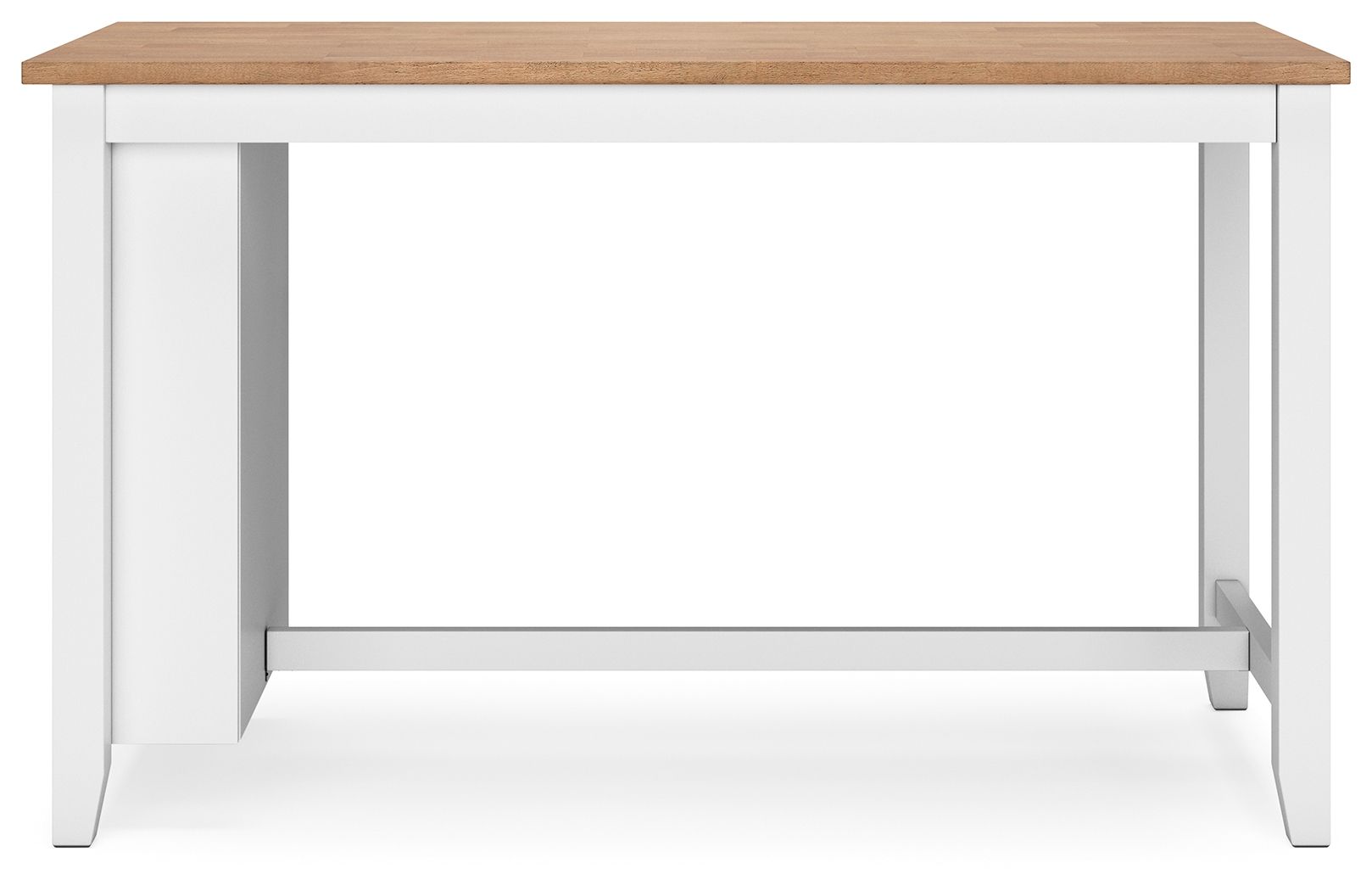 White rectangular dining counter table with light wood top and open underside support