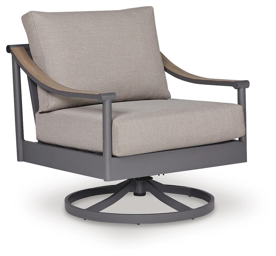 Gray upholstered swivel lounge chair with cushion, curved arms, circular base
