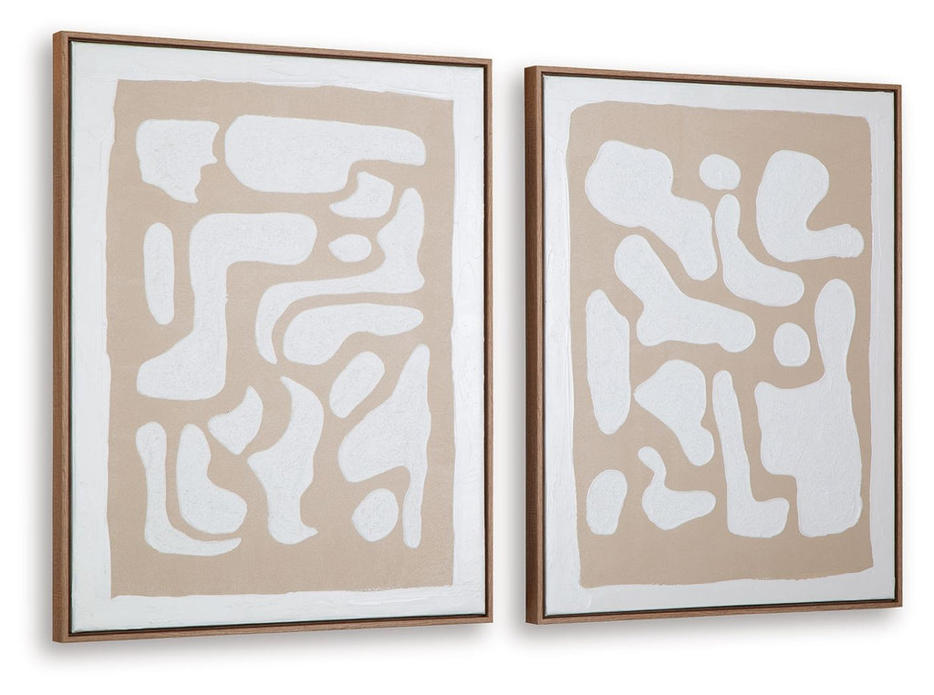 Two square framed wall art prints with beige matting and white abstract designs