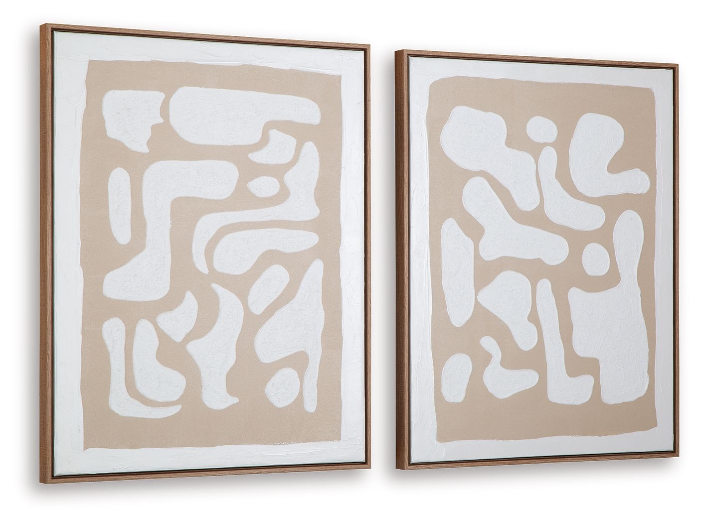 Two square framed wall art prints with beige matting and white abstract designs