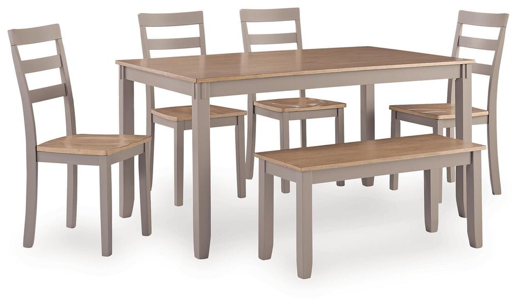 Dining table set with six chairs, light wood tabletop and gray chair frames