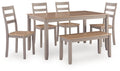 Dining table set with six chairs, light wood tabletop and gray chair frames