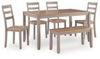 Dining table set with six chairs, light wood tabletop and gray chair frames