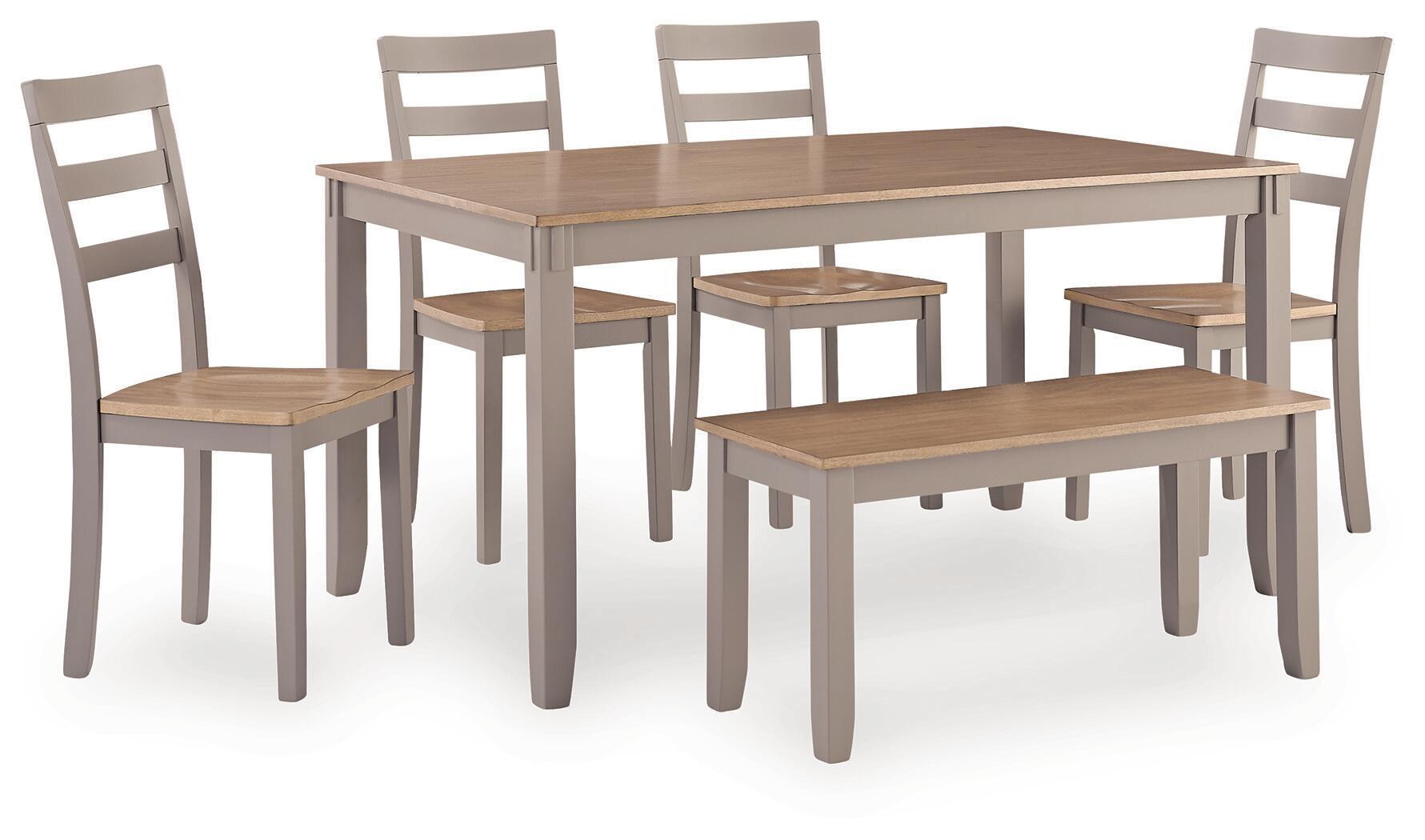 Dining table set with six chairs, light wood tabletop and gray chair frames