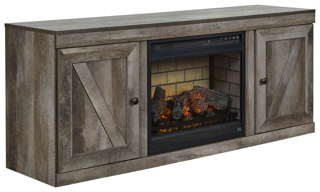 Gray TV stand with faux fireplace insert, two doors framing the firebox