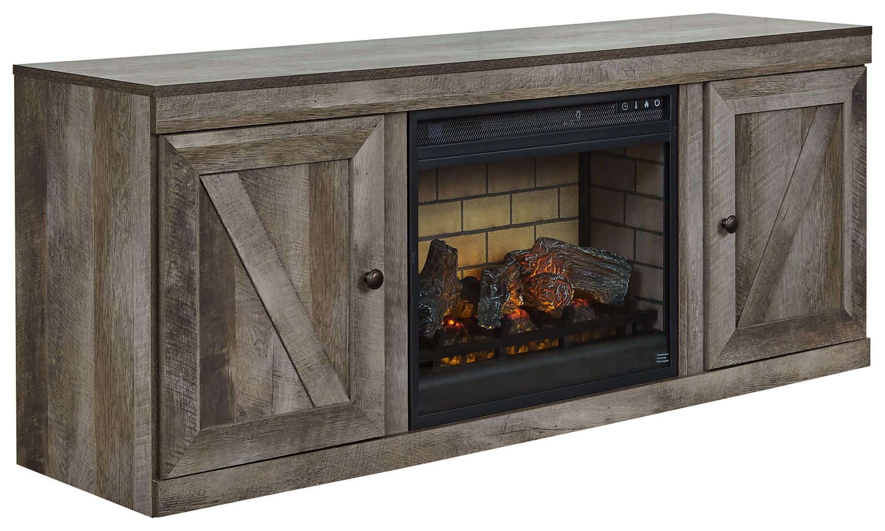 Gray TV stand with faux fireplace insert, two doors framing the firebox