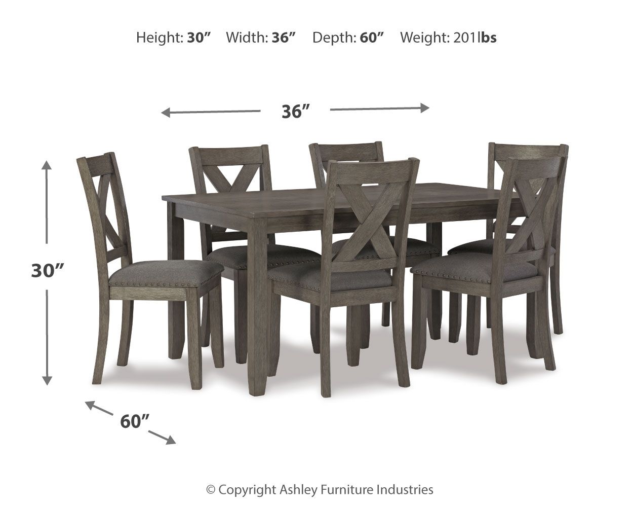 Gray rectangular dining table set shown with height and width measurements