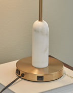 Rowleigh marble desk lamp base with gold platform, white marble column, front ports