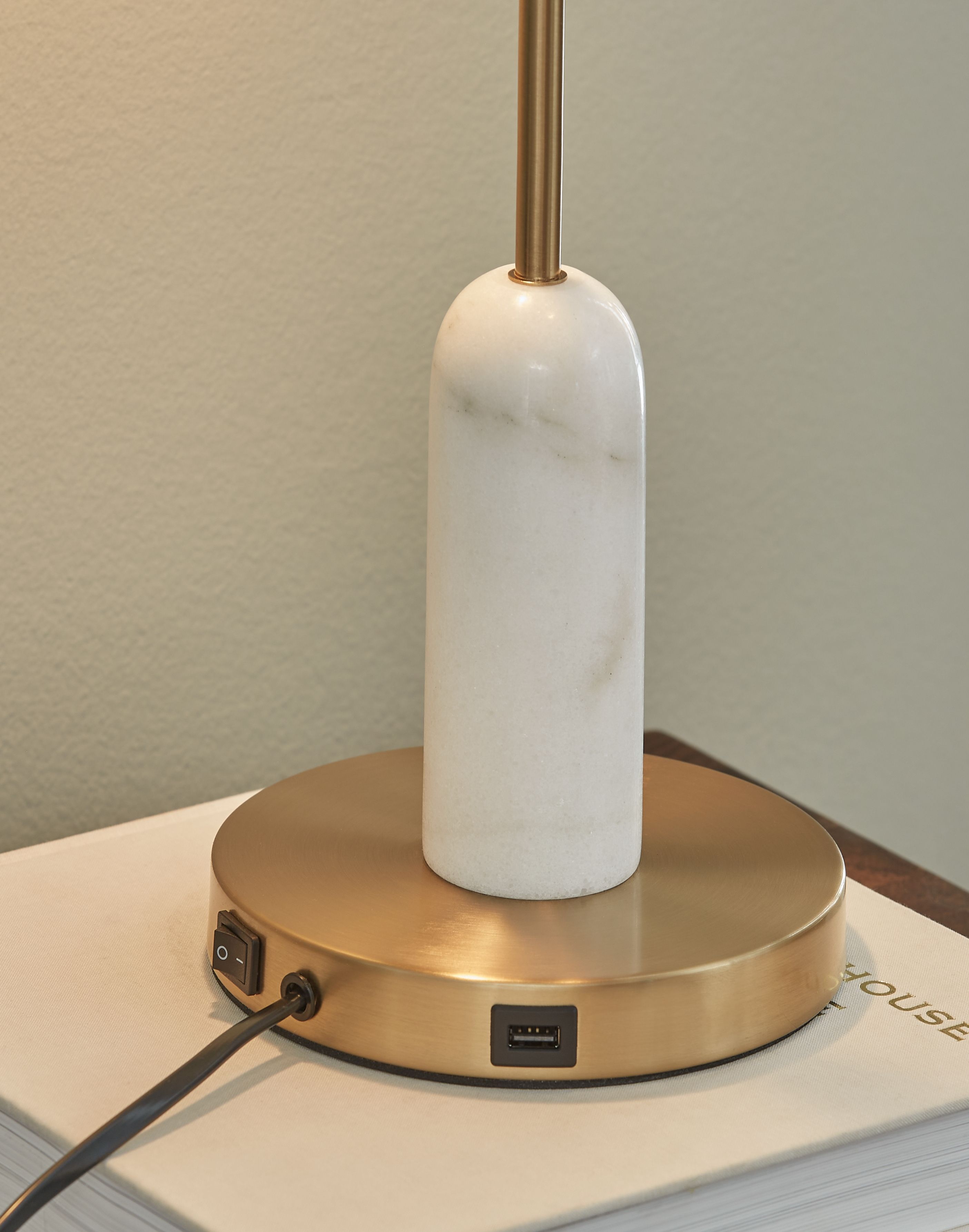 Rowleigh marble desk lamp base with gold platform, white marble column, front ports
