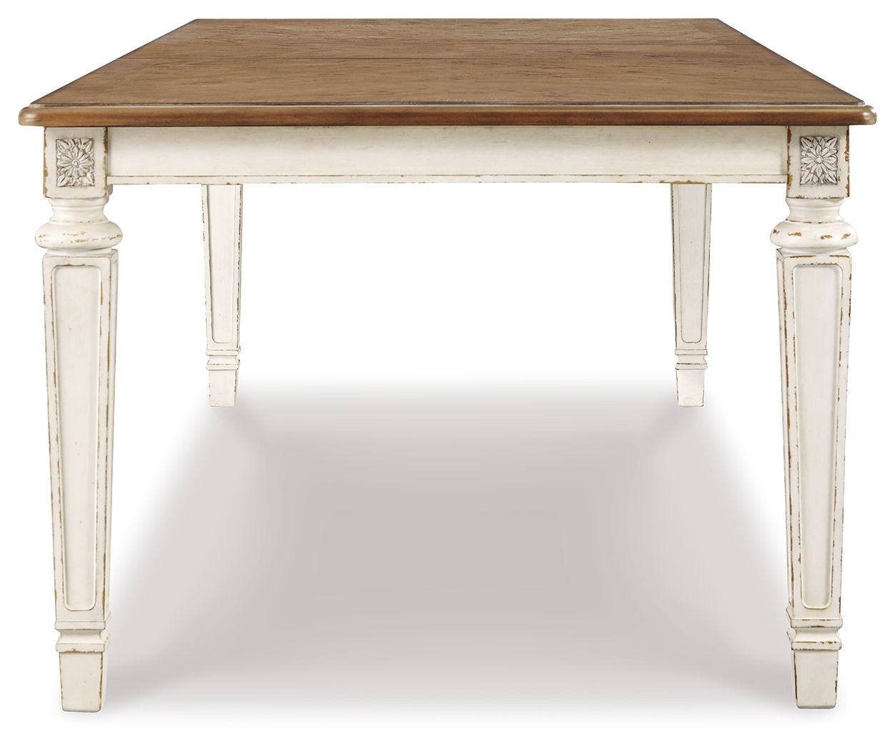 Rectangular dining room extension table, chipped white legs and medium-brown wood top