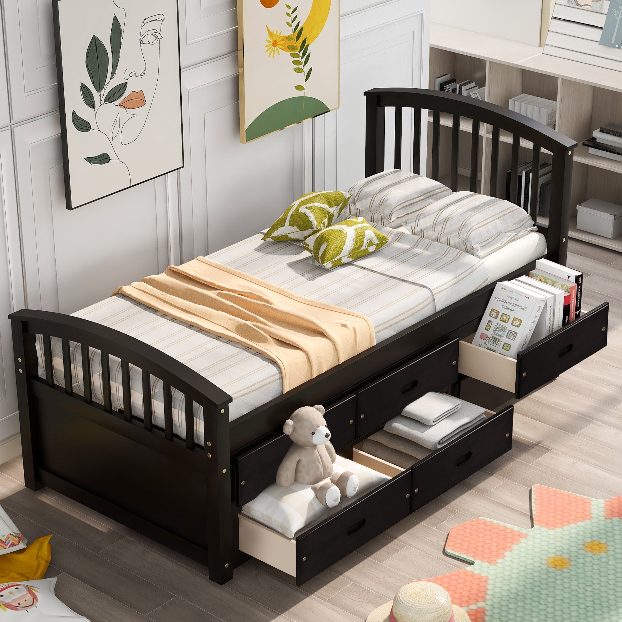 Orisfur Twin Platform Bed: Solid Wood, 6 Drawers
