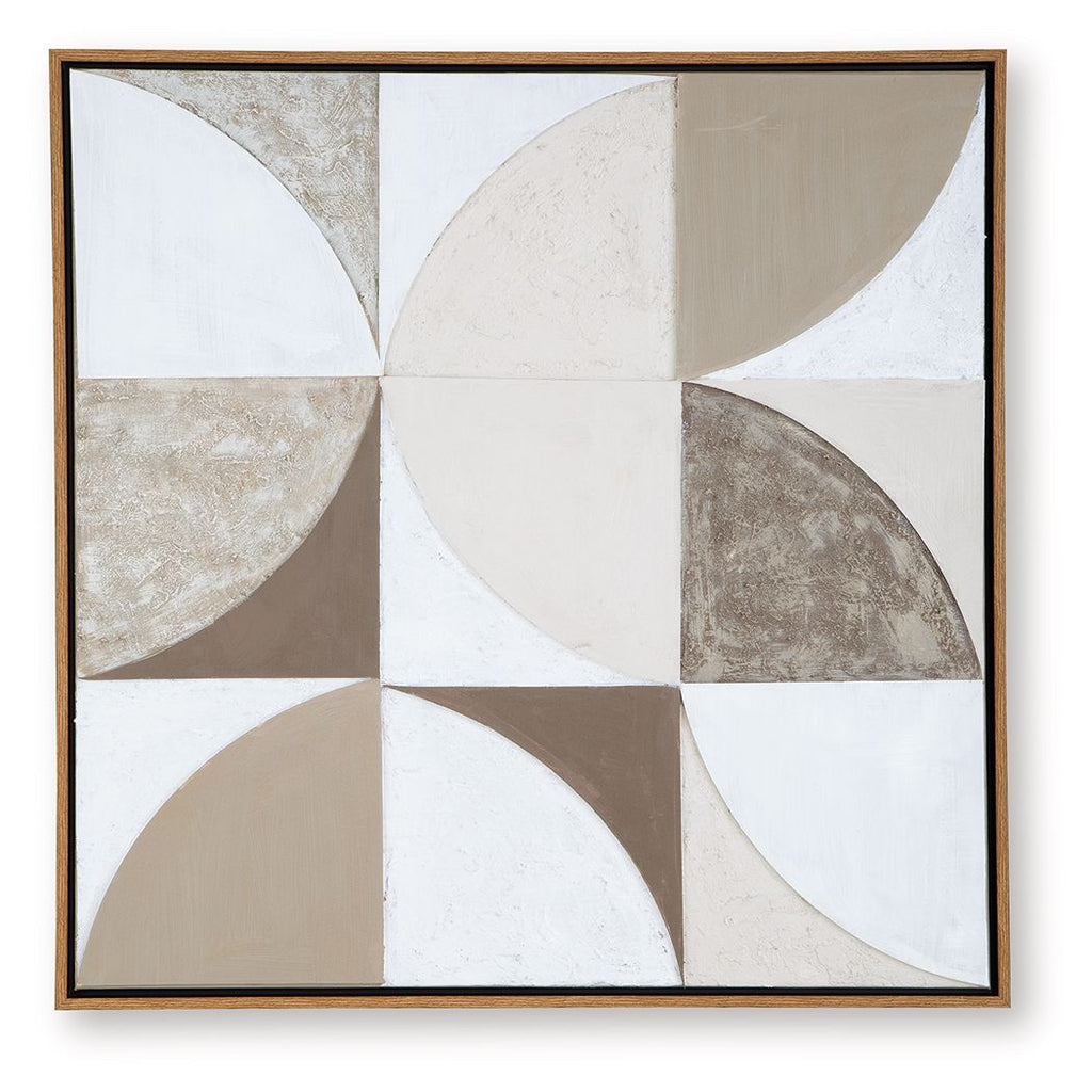 Framed wall art with geometric circular panels in tan, taupe, and white