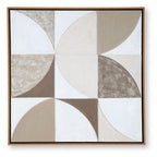Framed wall art with geometric circular panels in tan, taupe, and white