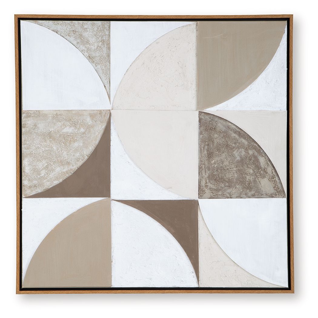 Framed wall art with geometric circular panels in tan, taupe, and white
