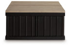 Lift-top cocktail table with light brown tabletop and black slatted sides