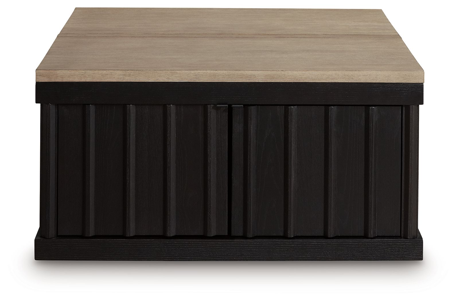 Lift-top cocktail table with light brown tabletop and black slatted sides
