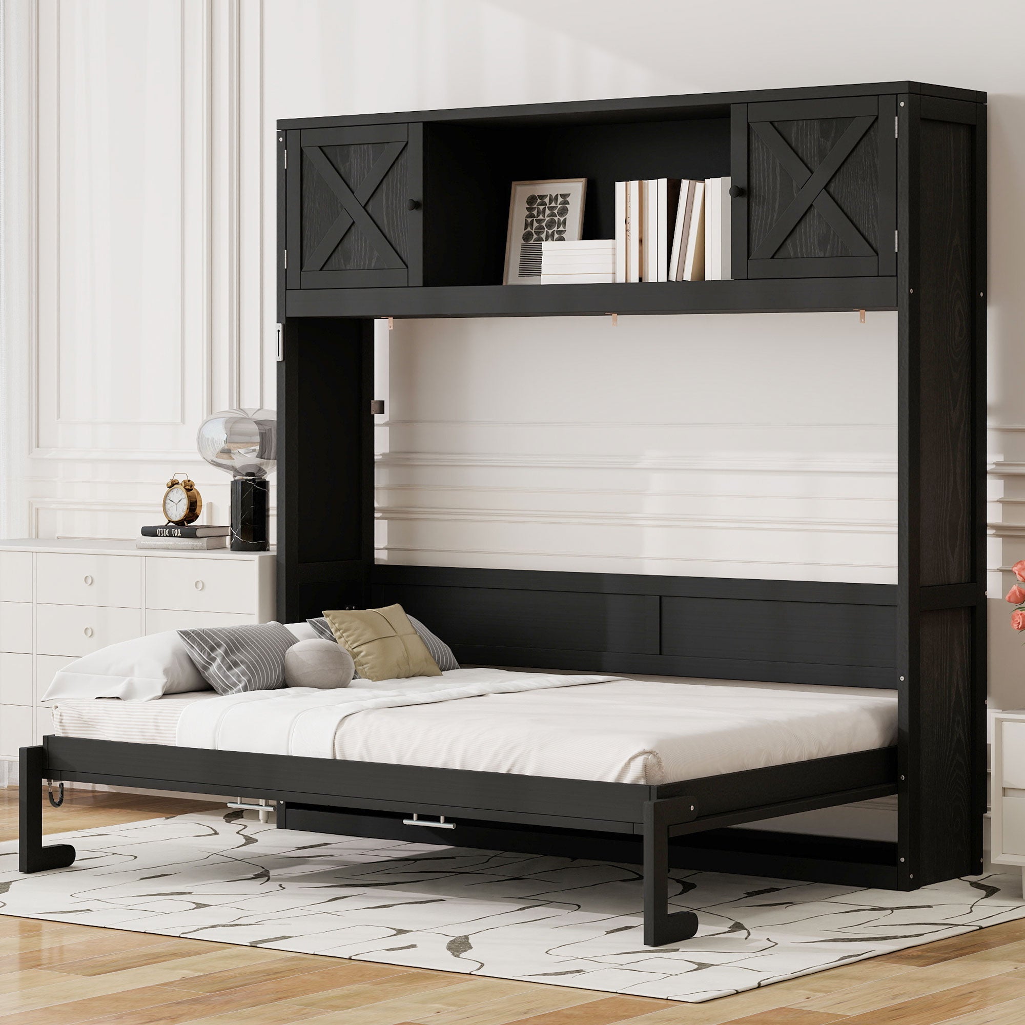 Black Full Size Murphy Bed with Storage Cabinets